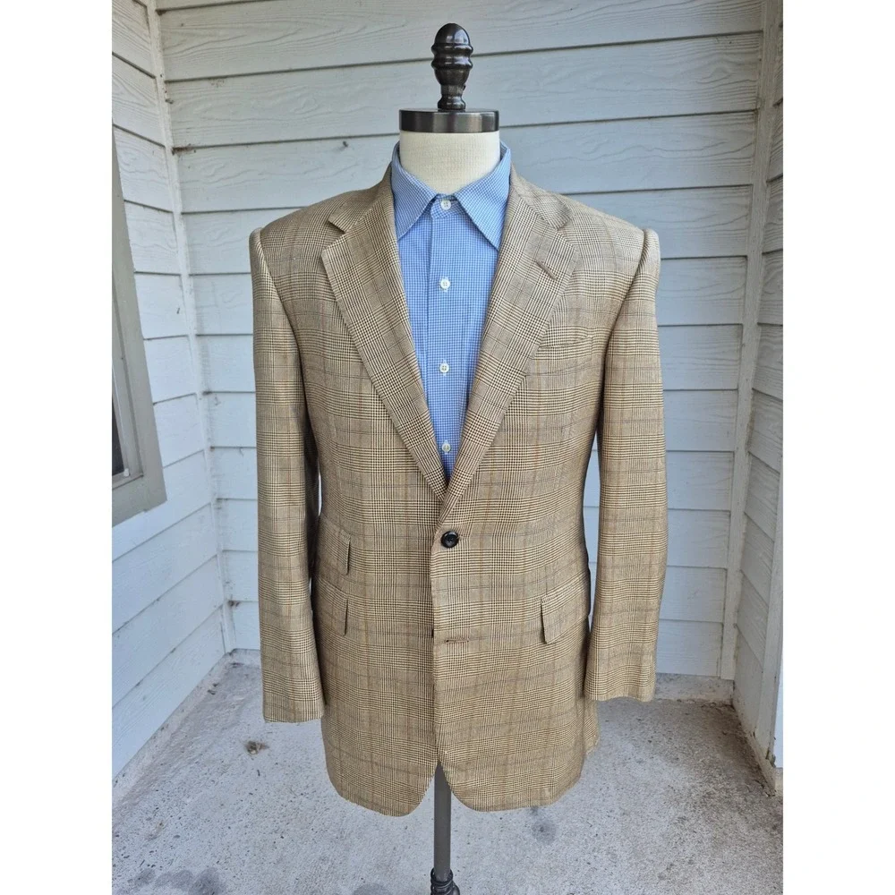 Oxxford Clothes Wilkes Bashford Tan Glen Plaid Crittenden Sport Coat Blazer 40 R